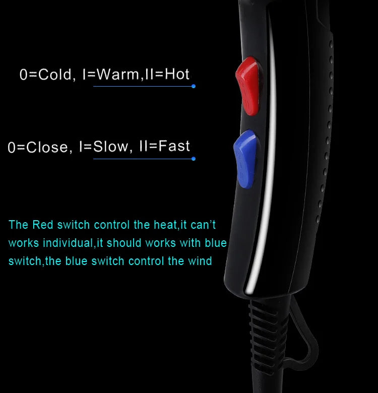 Professional black hair dryer handle with red heat and blue speed control switches for salon and home use.