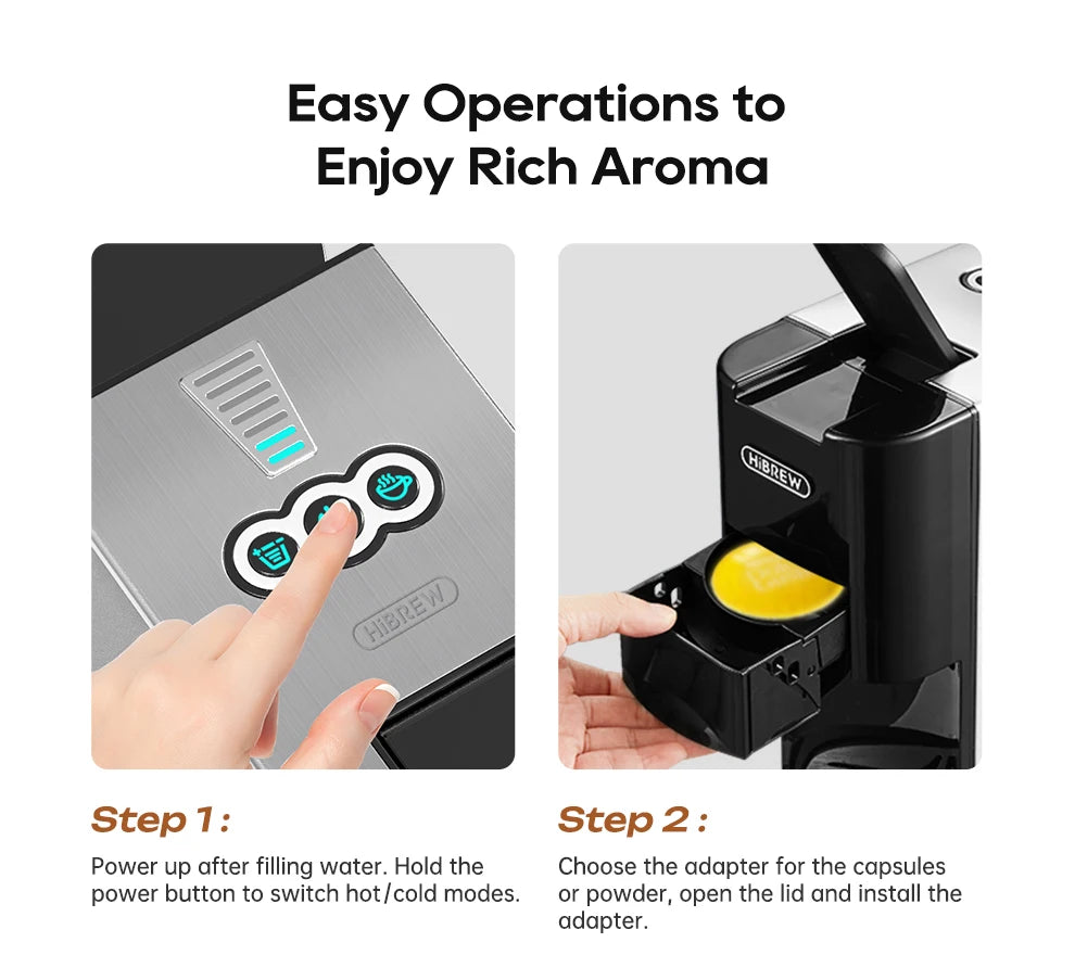 HiBrew coffee machine operation steps showing metallic control panel and capsule adapter installation.