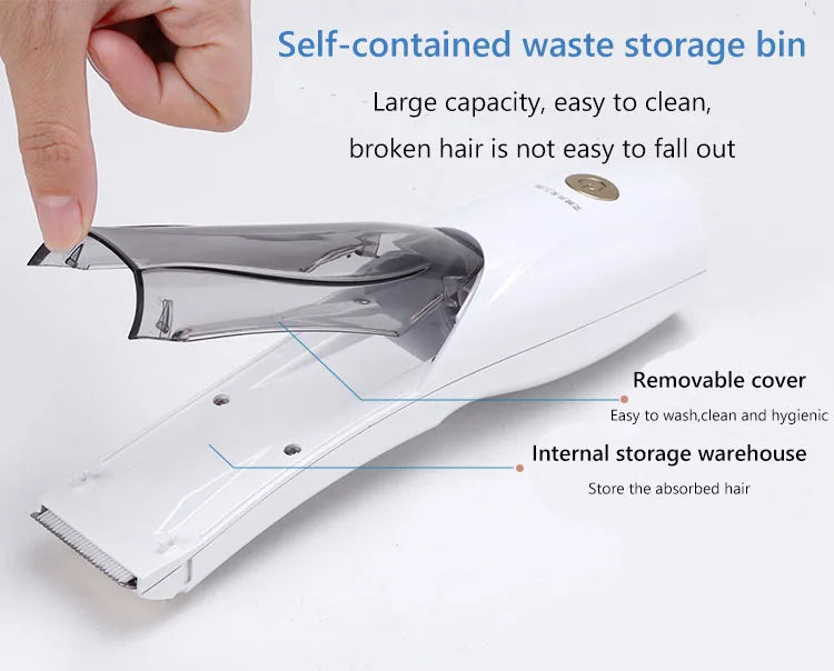 White rechargeable pet hair vacuum clipper with easy-clean storage bin for mess-free dog and cat grooming.