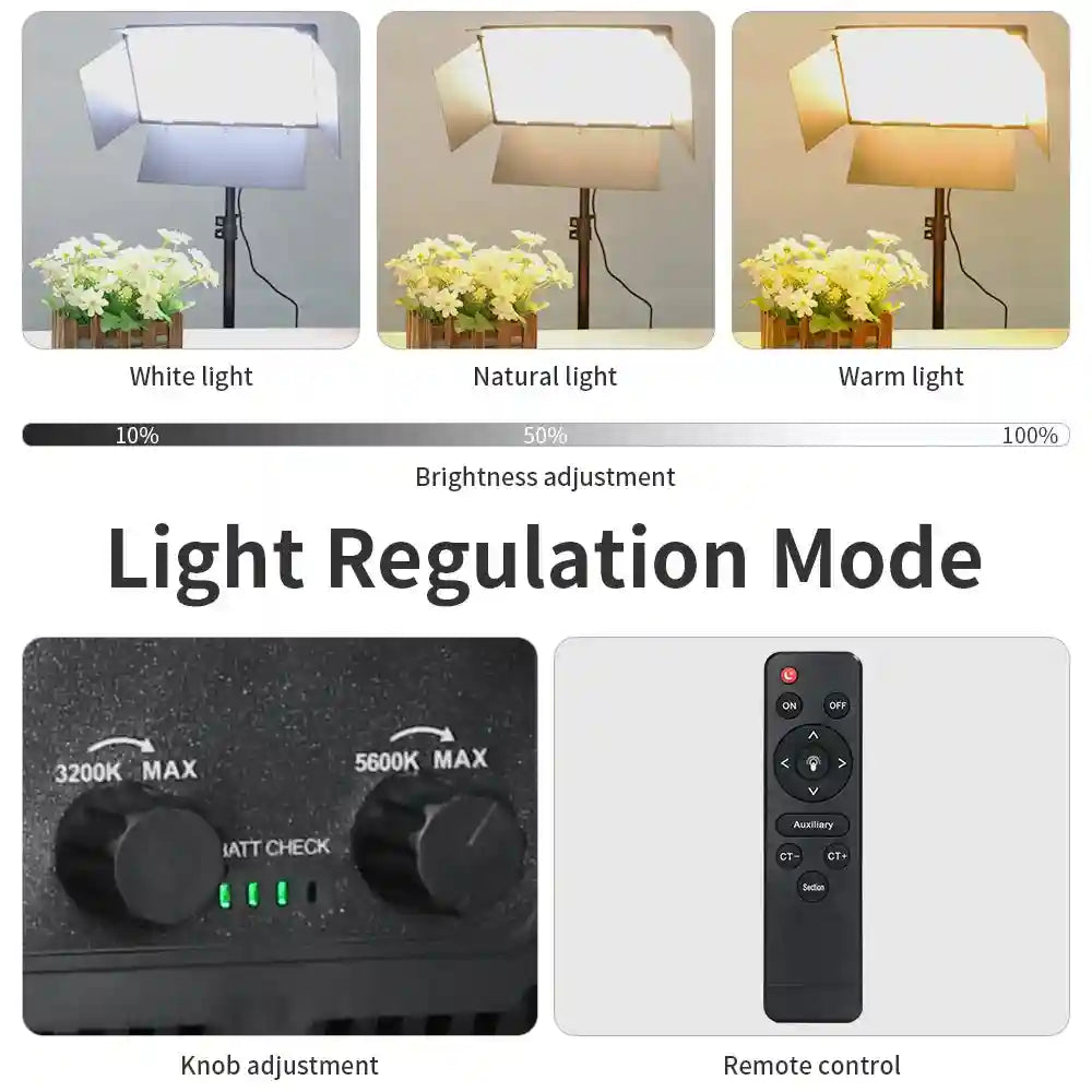LED video light panel with adjustable color temperature, brightness, control knobs, and remote for studio photography.