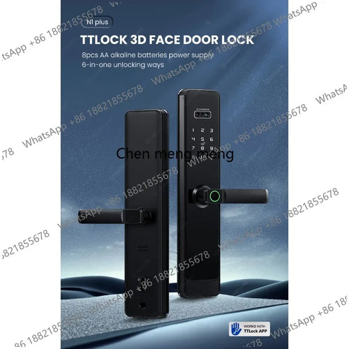 3D face door lock with keypad and lever handle, black finish, green indicator