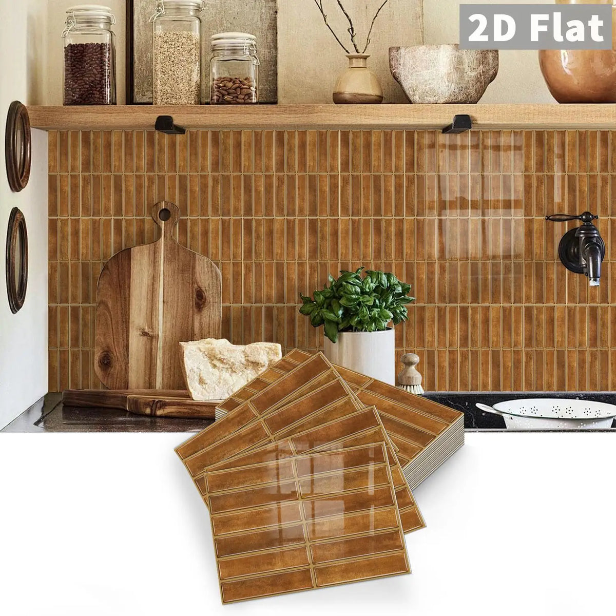 Self-adhesive tile decals, 2D flat grid sheet in tan-brown with outlined grout lines