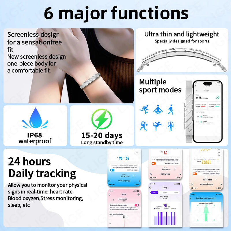 2026 New Bluetooth Smart Bracelet Health Wristband Heart Rate Sleep Stress Monitoring Sport Fitness Tracker No Screen Smartwatch