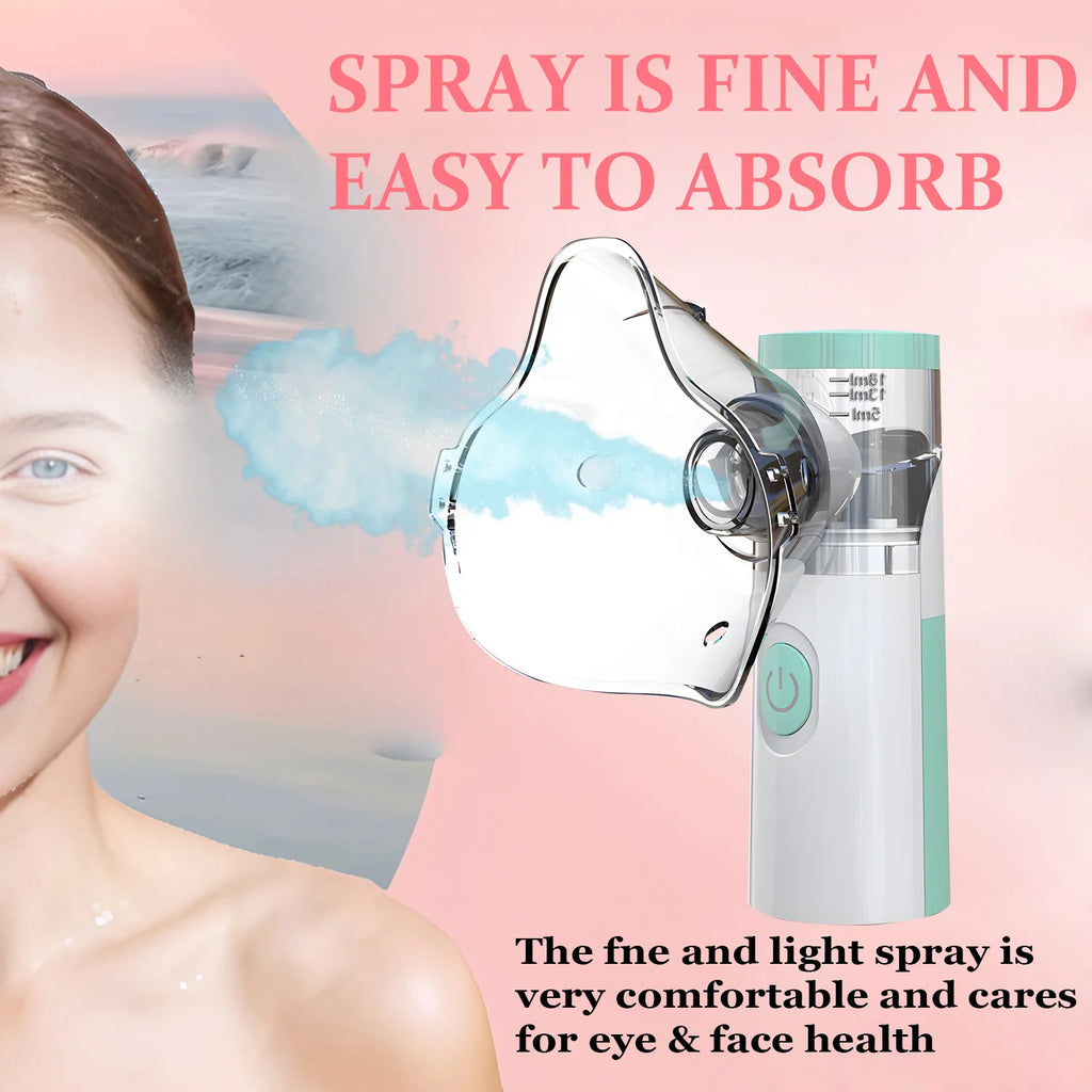 Nano mist eye steamer and face mask, handheld portable device for dry eyes, moisturizing steam relief, white and teal.