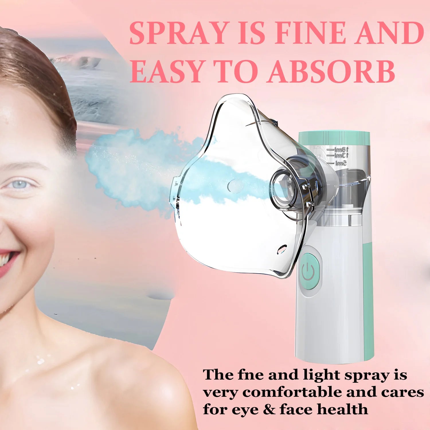 Nano mist eye steamer and face mask, handheld portable device for dry eyes, moisturizing steam relief, white and teal.