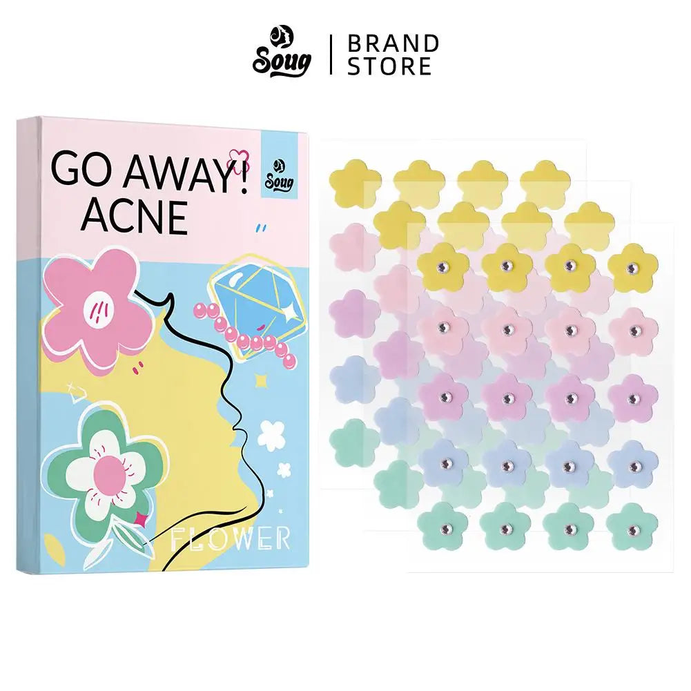 Tidesmit multicolored flower-shaped hydrogel acne patches with pearl and diamond accents for spot treatment.