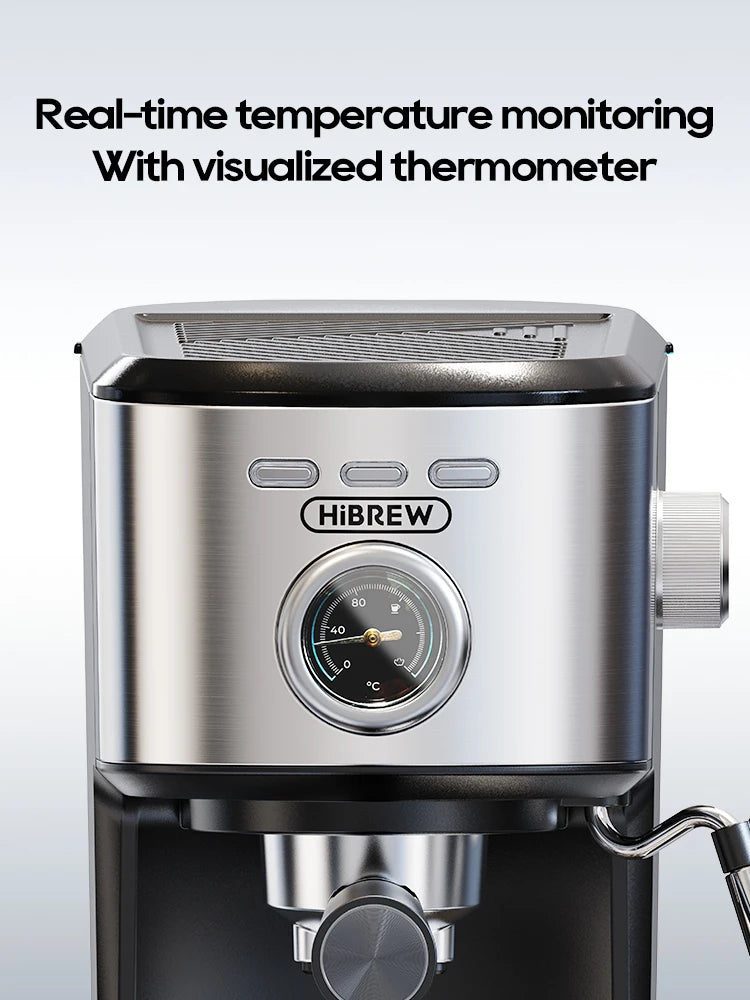 HiBREW stainless steel espresso machine with integrated analog thermometer for real-time temperature monitoring.