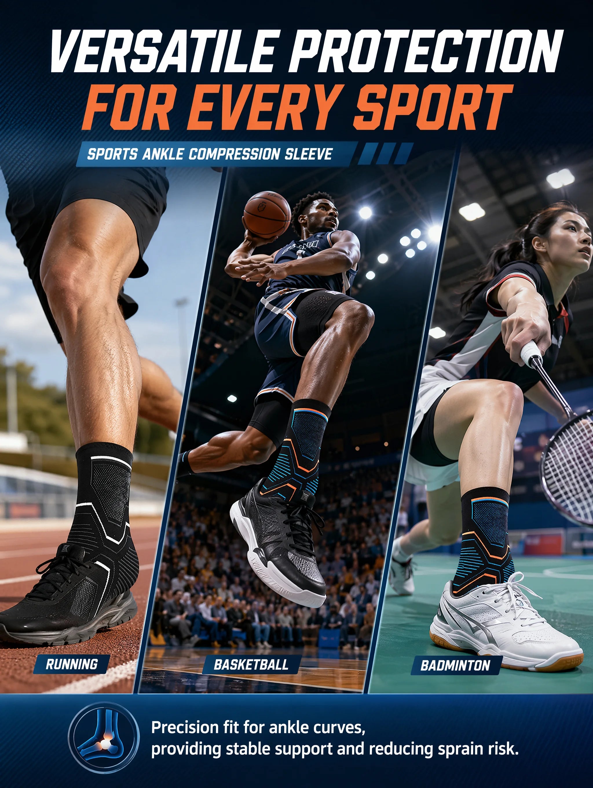 Ankle Brace Support Sleeve 3D Compression Ankle Protector Anti-Sprain Breathable Elastic for Running Basketball Gym Fitness Men