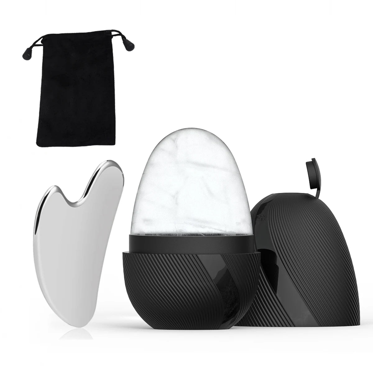Skincare set with a black dome-shaped ice roller, a silver stainless steel gua sha tool, and a black drawstring pouch.