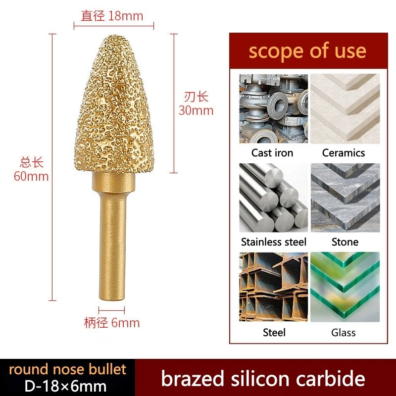 Brazed silicon carbide grinding head, round-nose bullet cone on 6 mm shank; gold; 18 mm.