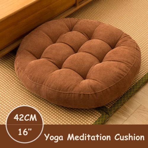 Round brown corduroy meditation cushion for mindful yoga practice.