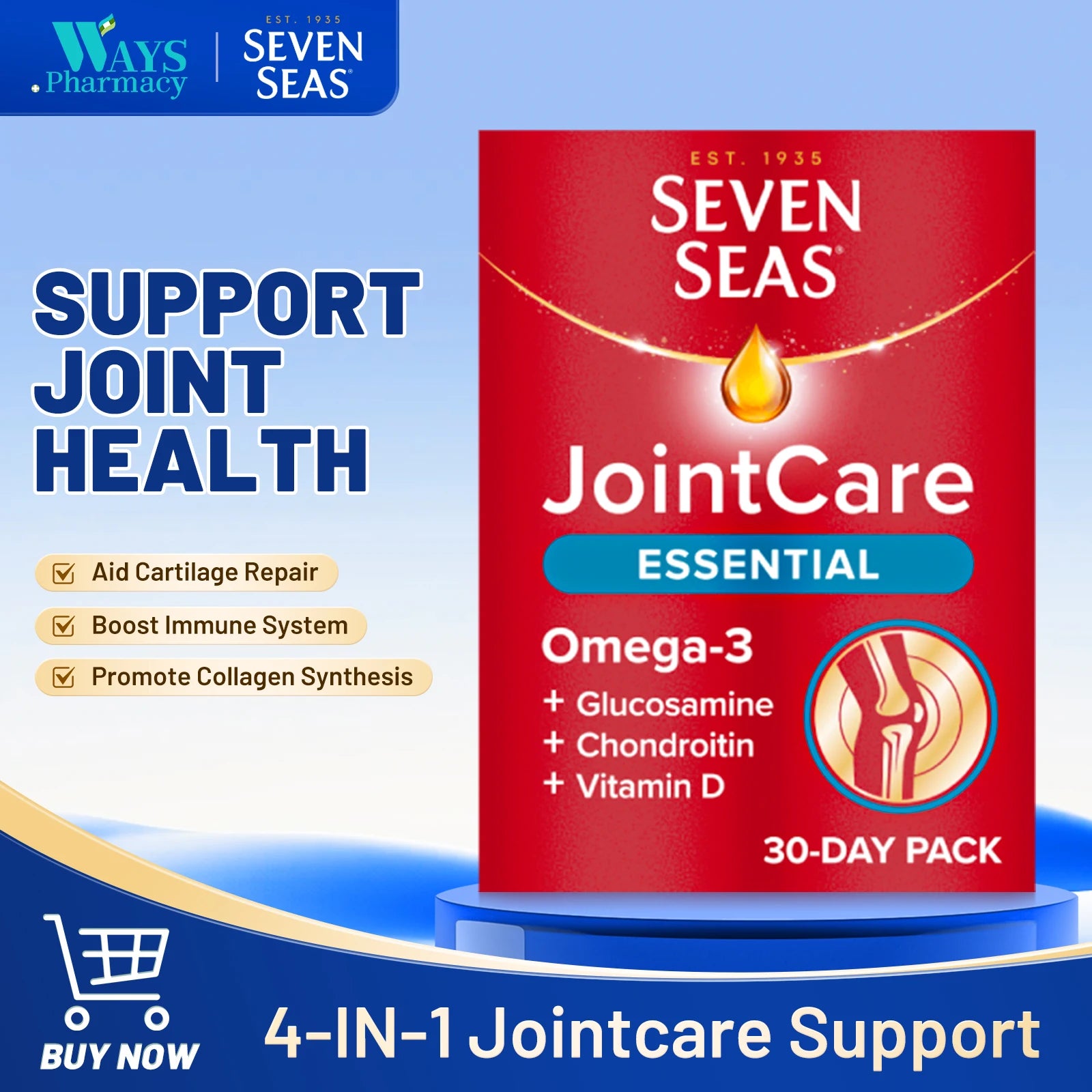 Seven Seas JointCare Essential: Omega-3, Glucosamine, Chondroitin, Vitamins C & D, Mn, Zn, 60-Day Food Supplements