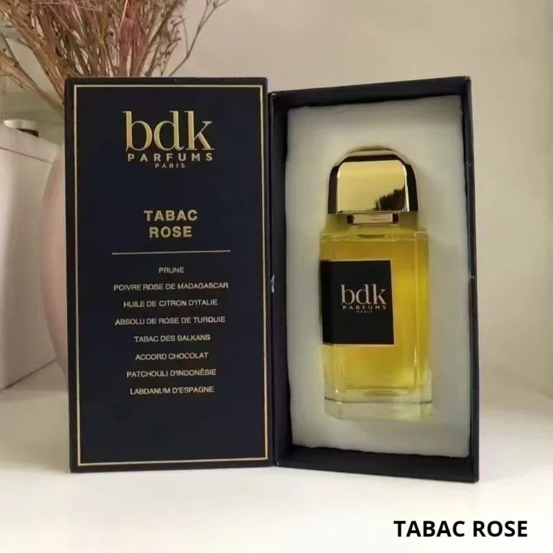 BDK Parfums Tabac Rose 100ml: Luxurious unisex EDP, rectangular bottle, rose, tobacco, and patchouli fragrance notes.
