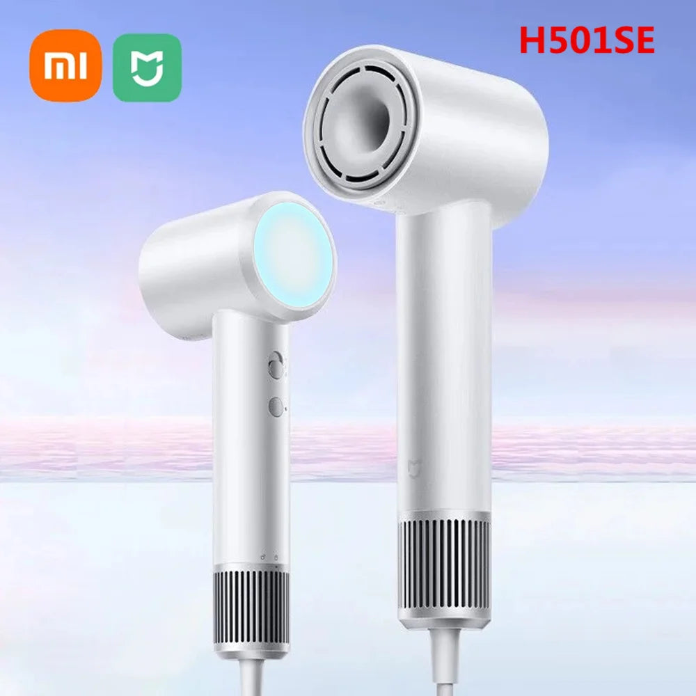 Xiaomi Mijia H501 SE high-speed white anion hair dryer with LED ring light and professional 110k RPM motor design.