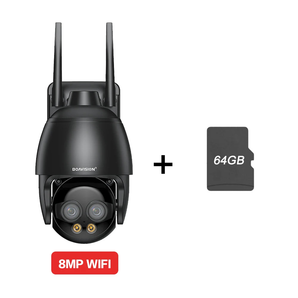 Black dual-lens WiFi security camera with 64GB microSD card
