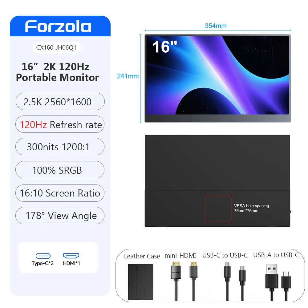 FORZOLA 16" 2K OLED Portable Monitor 120hz Gaming Display 100% DCI-P3 Laptop External Screen USB-C HDMI For Mac PC Mobile Phone