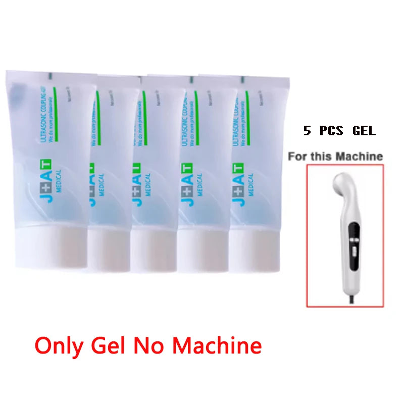 Five white squeeze tubes of ultrasonic coupling gel for use with medical devices. Machine not included.