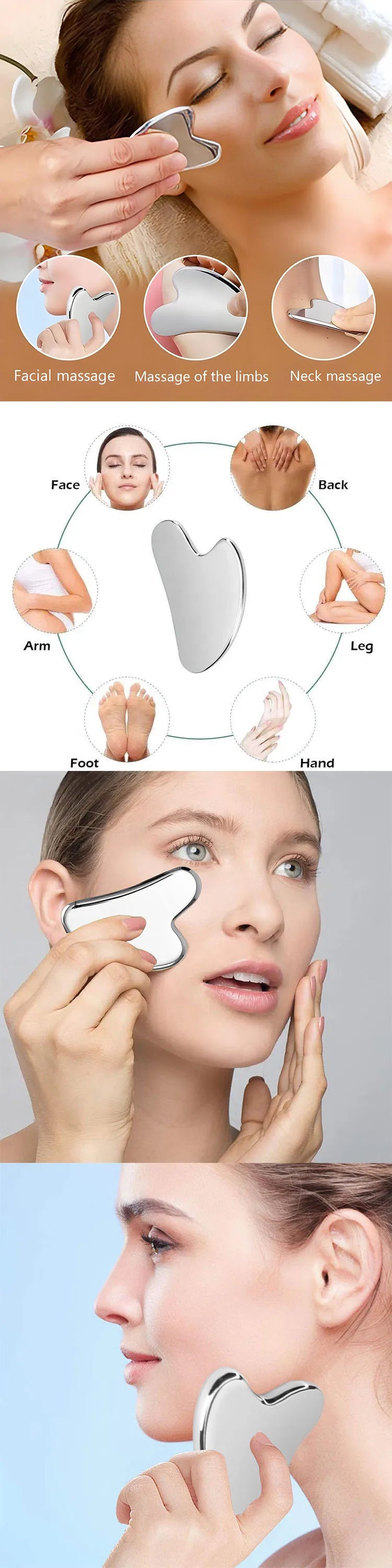 Silver-toned heart-shaped gua sha tool used for facial, neck, and body massage, shown in use on multiple people.