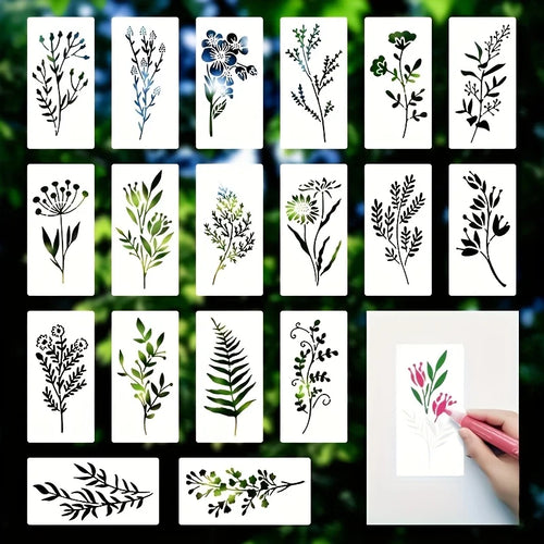 Reusable plastic stencil set with 18 botanical sprig and flower designs on white sheets