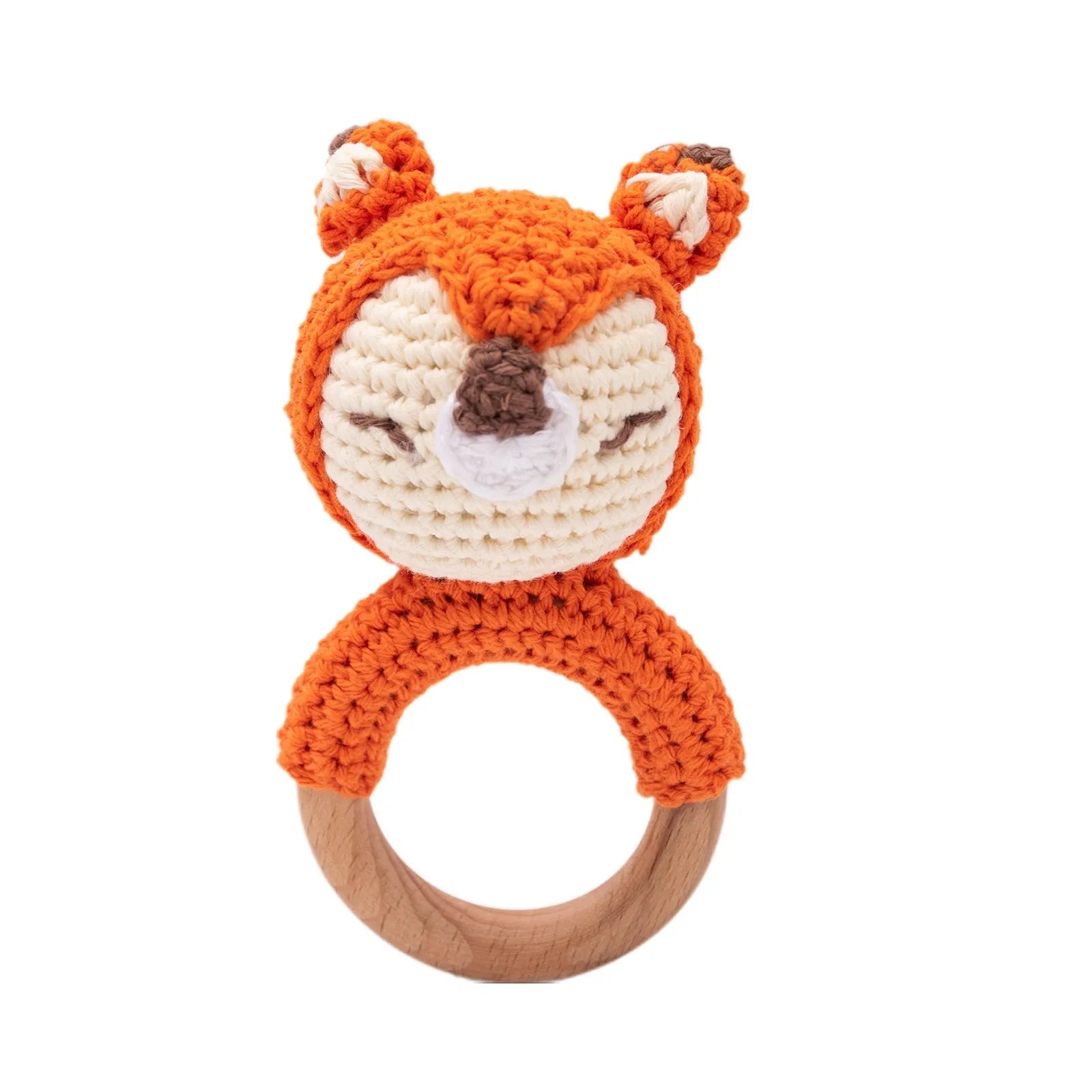 Orange fox natural wood teething ring toy for baby, crochet cotton and beech wood materials.