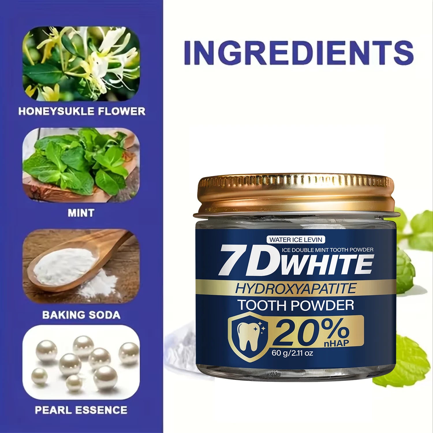 Tidesmit 20% nHAP charcoal teeth whitening powder with double mint for fresh breath and enamel remineralization