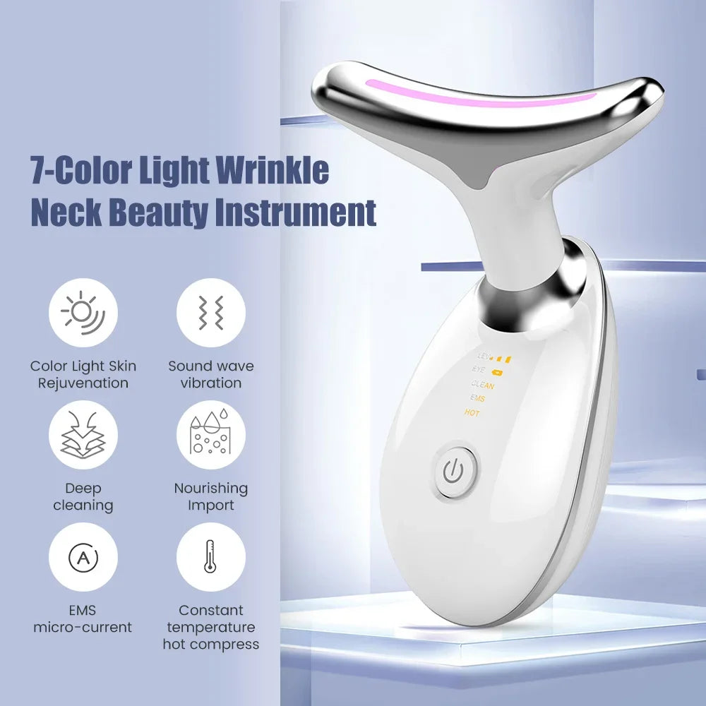 White and chrome T-shaped LED face and neck massager with digital display, power button, and feature icons.