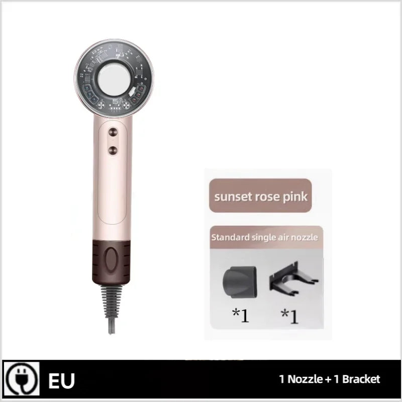 Sunset rose pink leafless high-speed hair dryer with nozzle and wall bracket, 160000RPM ionic professional blow dryer.