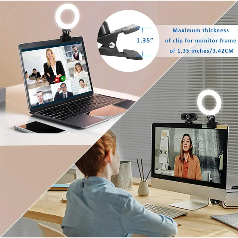 Small round LED ring light with a black clip for attaching to laptop or monitor screens for video conferencing.