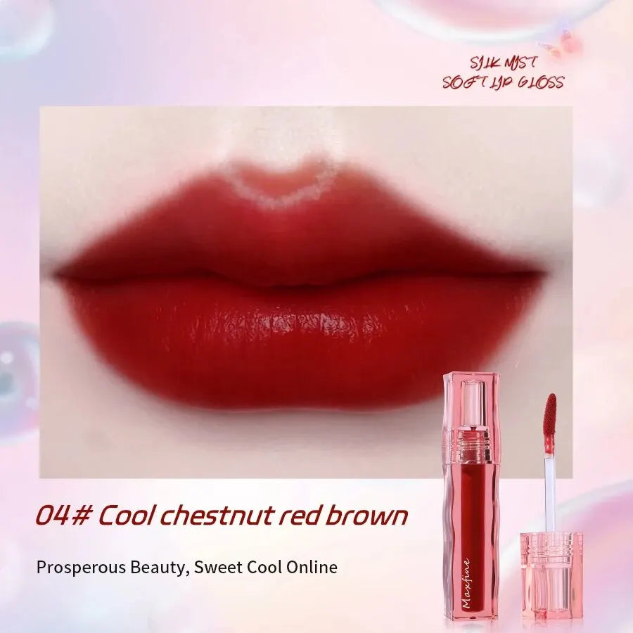Moisturizing chestnut red-brown liquid lipstick with a long-wearing, non-stick, pigmented glossy finish.