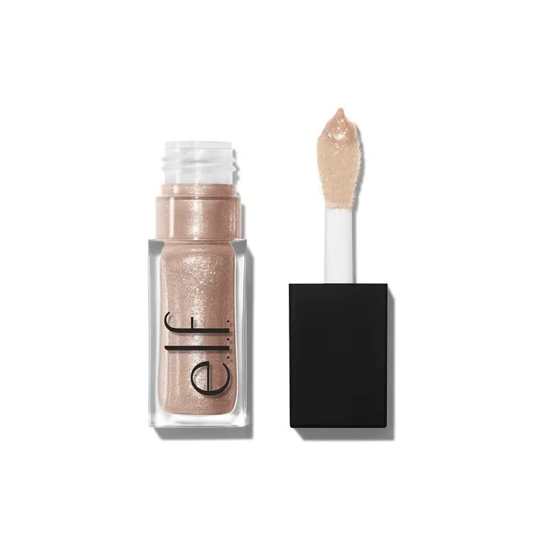 e.l.f. Glow Reviver Lip Oil in shimmer nude with doe-foot applicator for a moisturizing, high-shine glossy finish.
