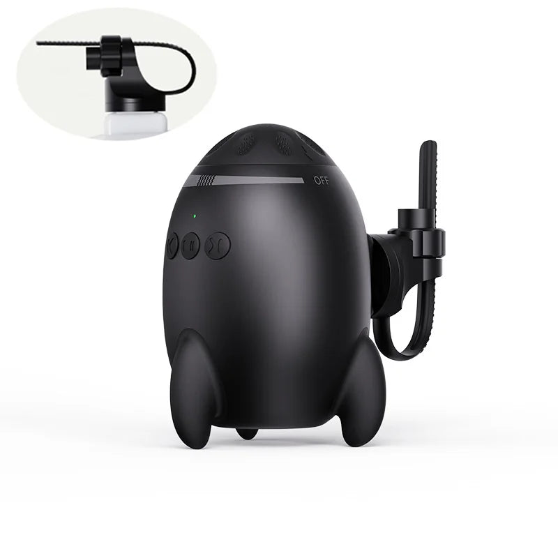 Black egg-shaped sleep aid white noise machine with side control buttons and hanging strap for better baby sleep.