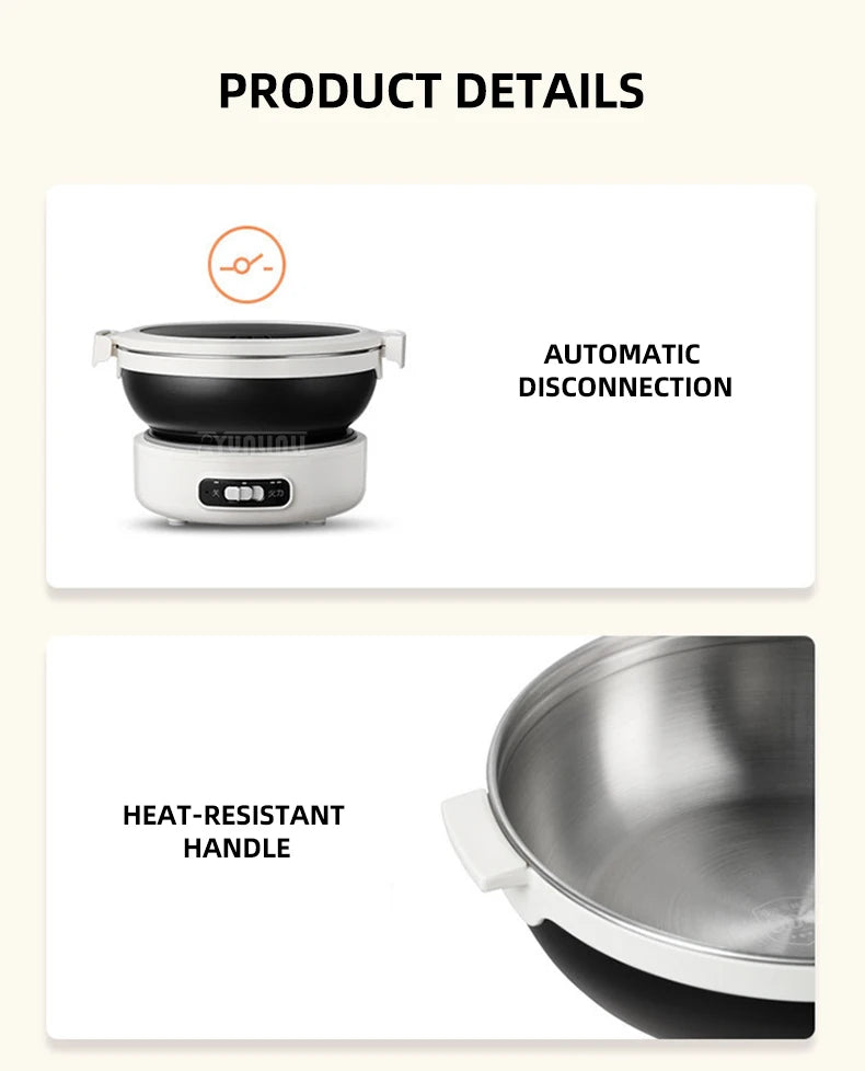 Portable split electric cooker in white housing with split pot and heat-resistant handle