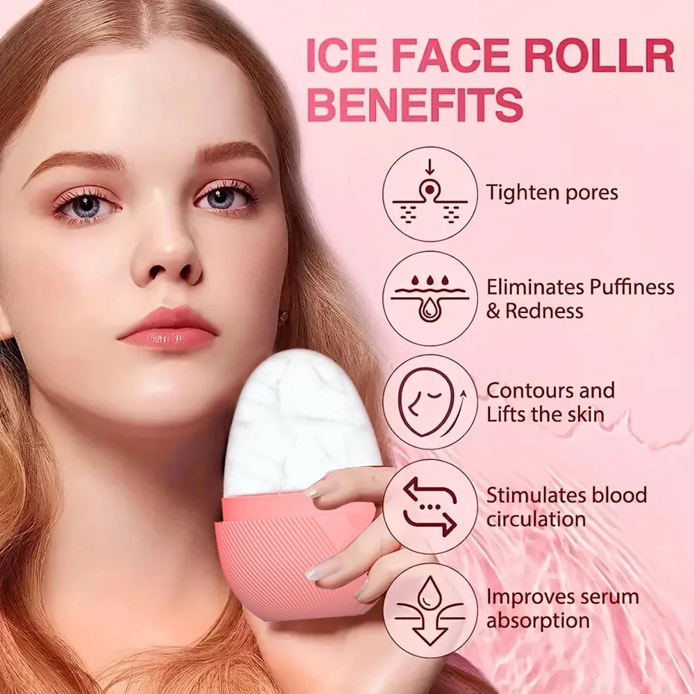 A woman holding a white marble-textured ice face roller with a pink ribbed handle, listed with five skincare benefits.