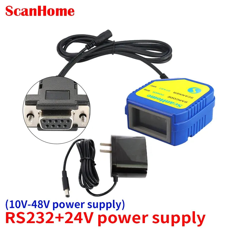 Blue barcode scanner module with LCD window, USB cable, and power adapter