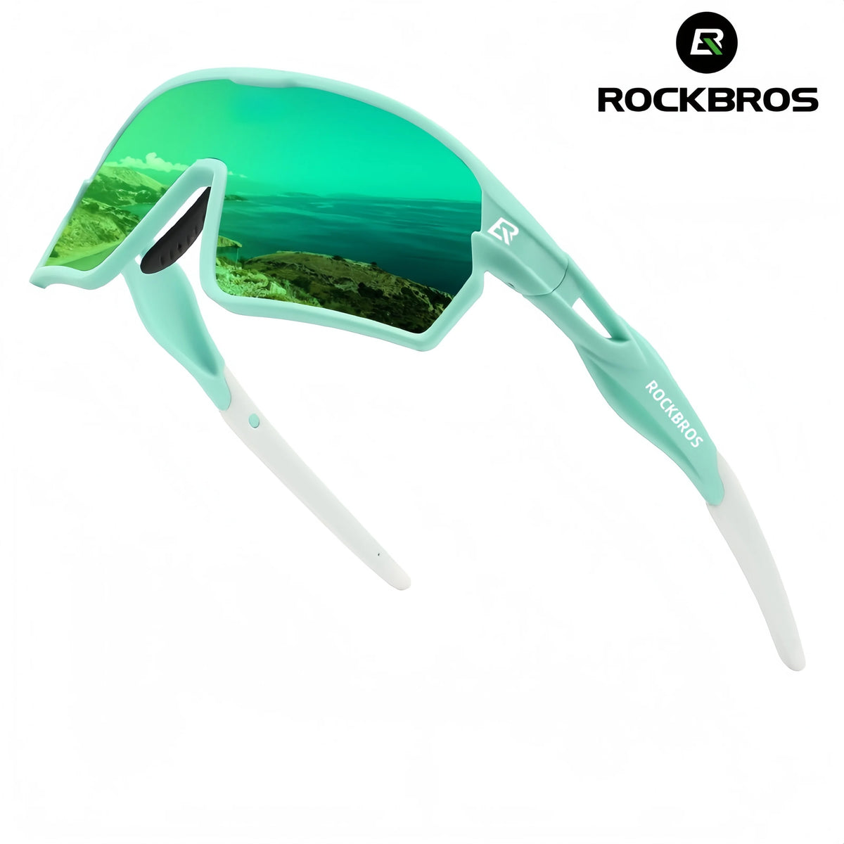 Light mint sports sunglasses with wide wraparound photochromic lens