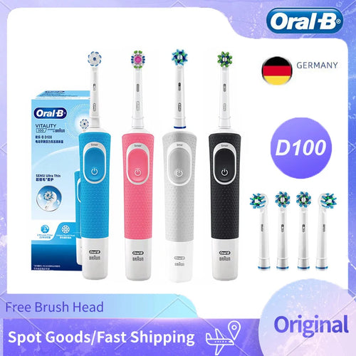 Oral-B D100 Vitality AI toothbrush featuring 2D deep cleaning, 7600Rpm timer, and four colors in main product view.