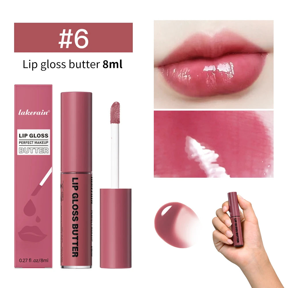 Lakerain butter lip gloss #6 in a moisturizing, non-stick mirror finish with a soft, long-lasting pink mauve tint.