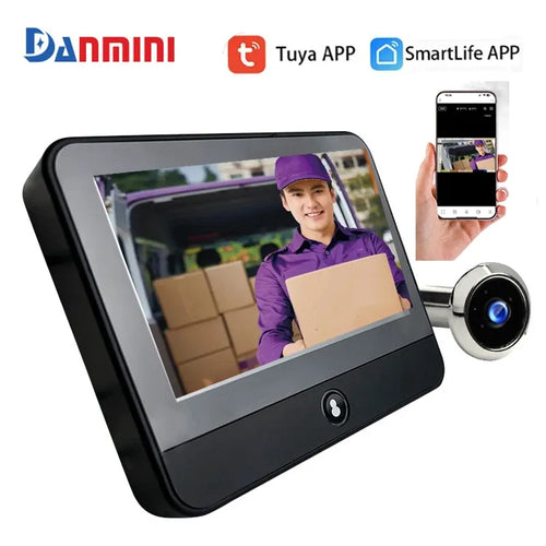 Smart door peephole camera viewer with dark screen panel and round lens module