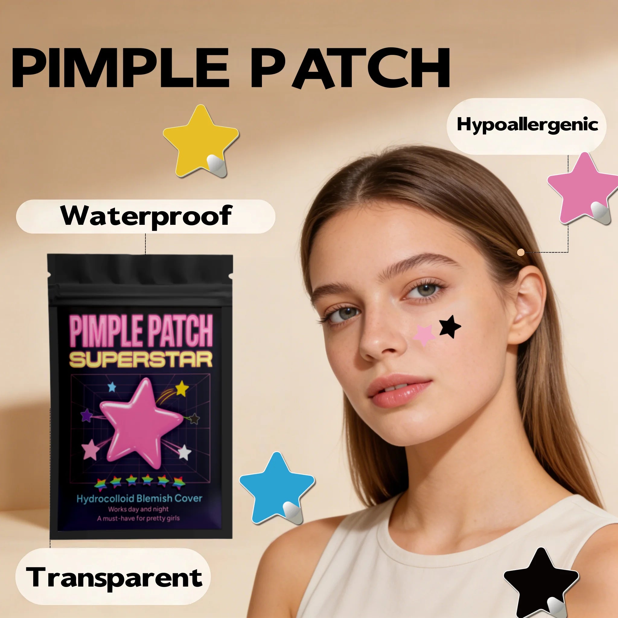 Tidesmit acne patches 400pcs black star pattern for adults to treat breakouts effectively.