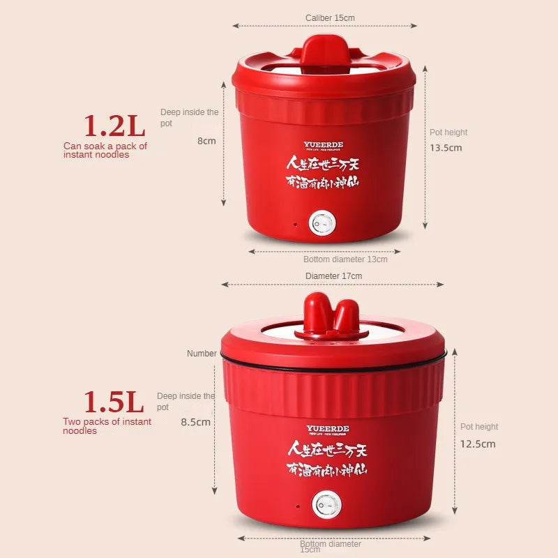 Red mini electric noodle pot with measurements on product view