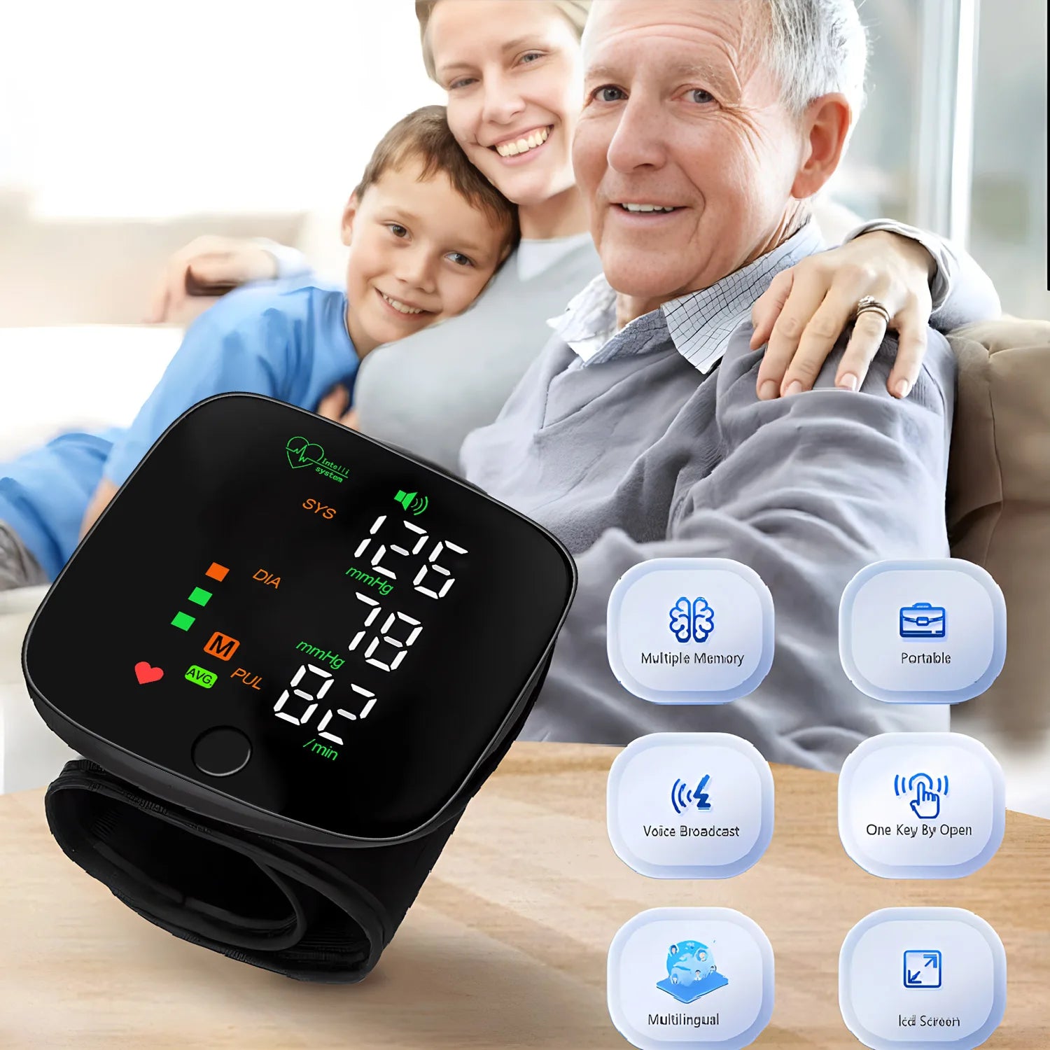 Touch Screen LED Rechargeable Wrist Blood Pressure Monitor English Voice Broadcast Tonometer BP Monitor Pulse