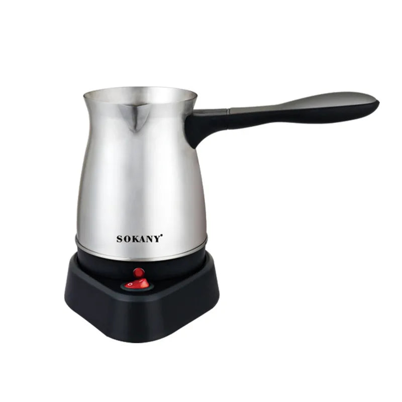 Sokany stainless steel electric Turkish coffee maker with black base, handle, and red power indicator switch.