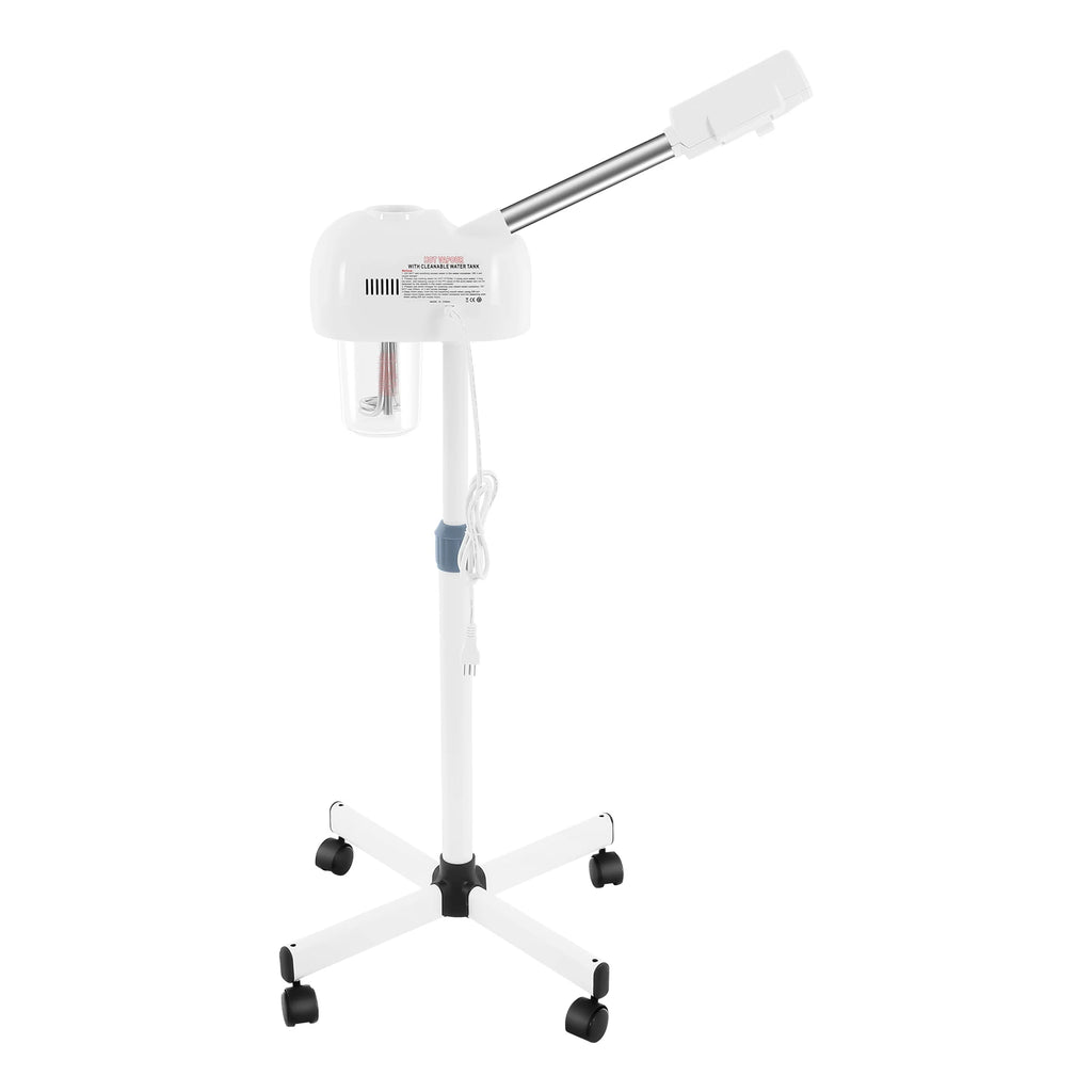 Professional white facial steamer on rolling stand with adjustable arm and 750ml water tank for spa and home skincare.