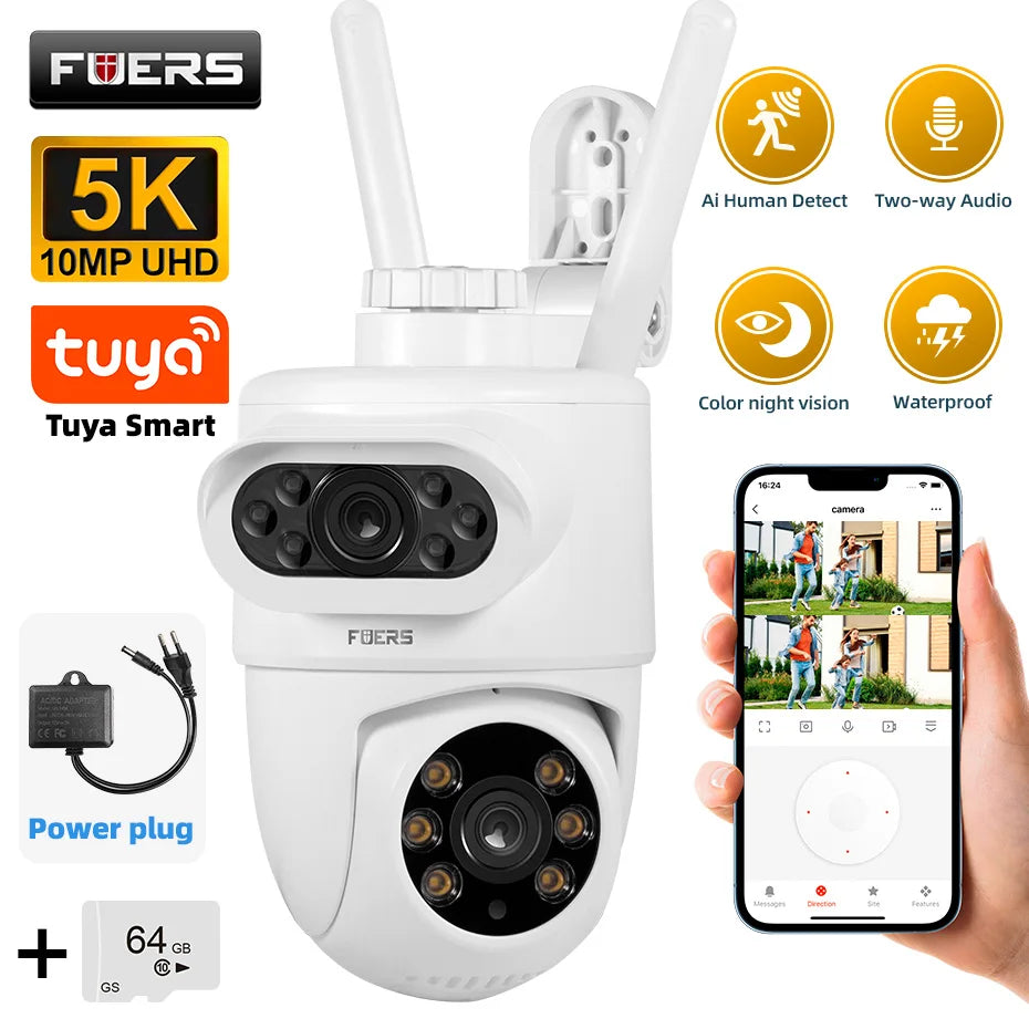 Dual-lens outdoor WiFi security camera, white dome with two lenses and 64GB storage