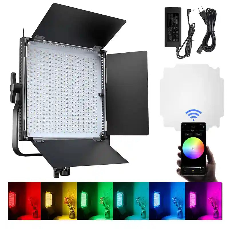 Square LED video light panel with black barn doors, power adapter, diffusion filter, and app-controlled color settings.