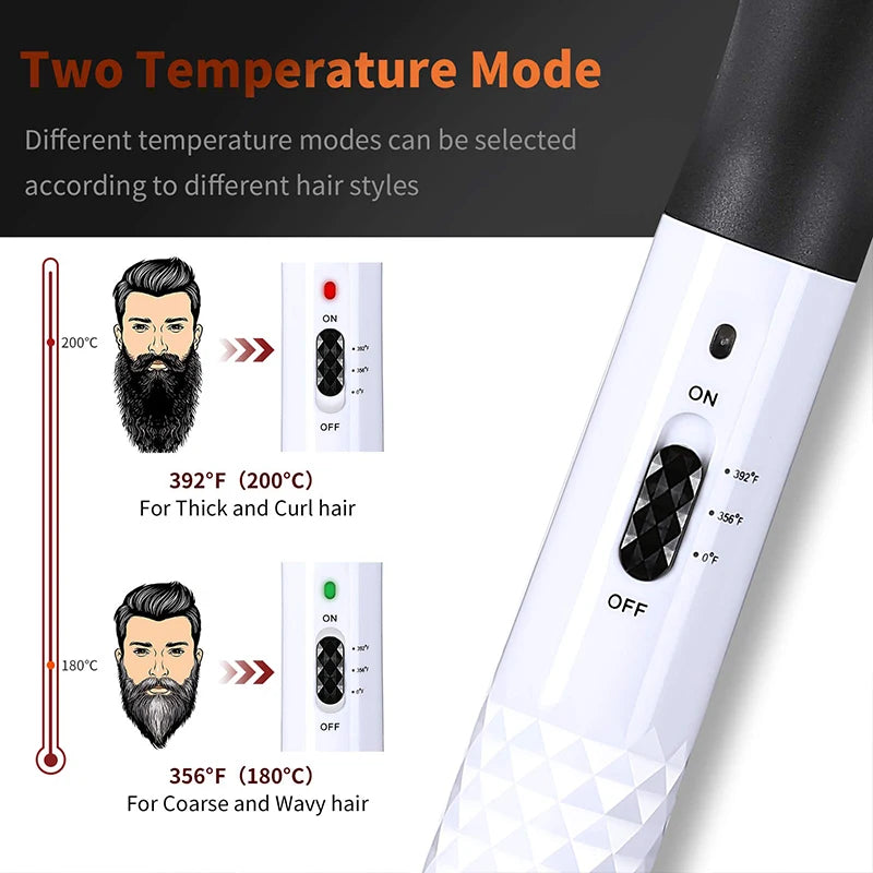 White portable beard straightener featuring two temperature modes for thick, coarse, and wavy men’s beard styling.