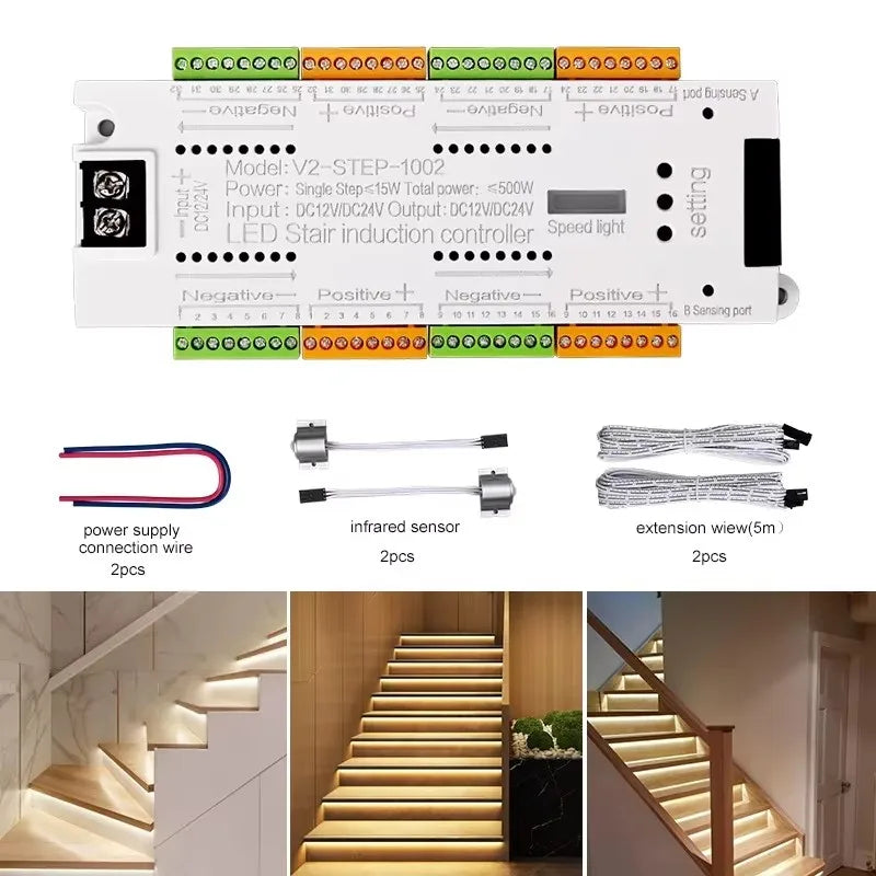 V2 PIR Motion Sensor Stair Light Controller 32 Channels LED Stair Controller For Stairway Dim LED Strip Lighting DC12V 24V