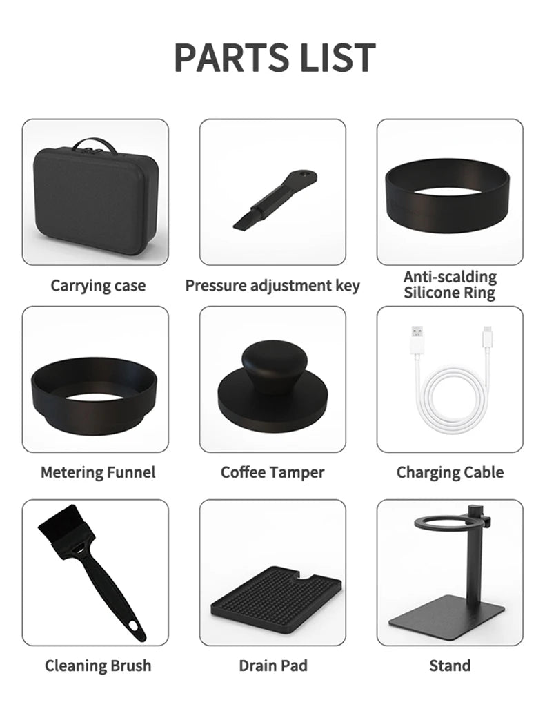 Parts list for portable espresso coffee maker with black accessories, case, tamper, funnel, stand, and charging cable.