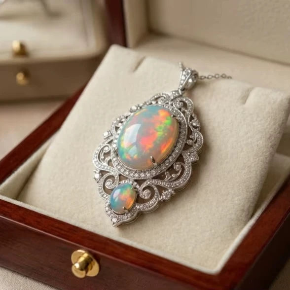 European Cultural Christian Luxury Natural Ethiopian Opal Welo Fire Pendant 925 Sterling Silver Rhodium Plated Engagement Party