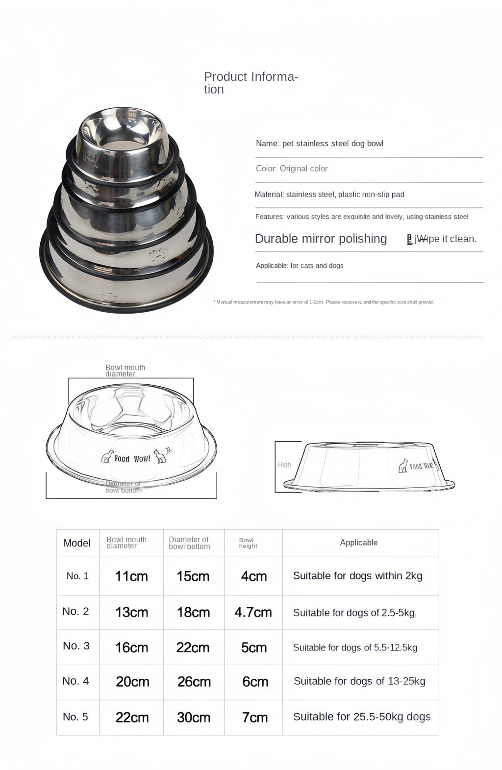 Durable stainless steel dog and cat feeding bowls, mirror finish, non-slip base, easy to clean, 6 size options.